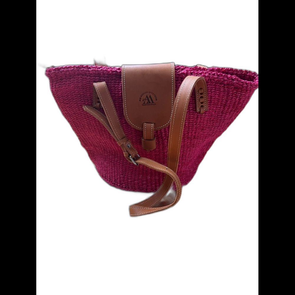 Woven Pink Straw Tote with Tan Leather Trim Handcrafted